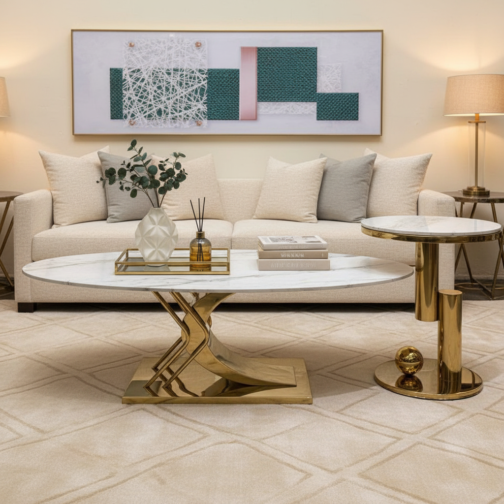 Gemelli Collections 2-piece designer coffee table set featuring white marble tops, sculptural gold stainless steel bases, oval coffee table, and round side table for luxury modern interiors.