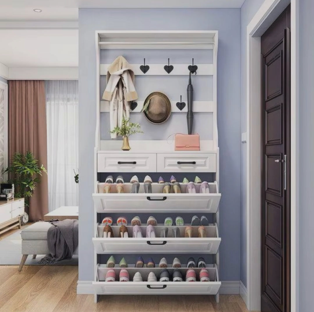 White Narrow Shoe Cabinet with Hanger