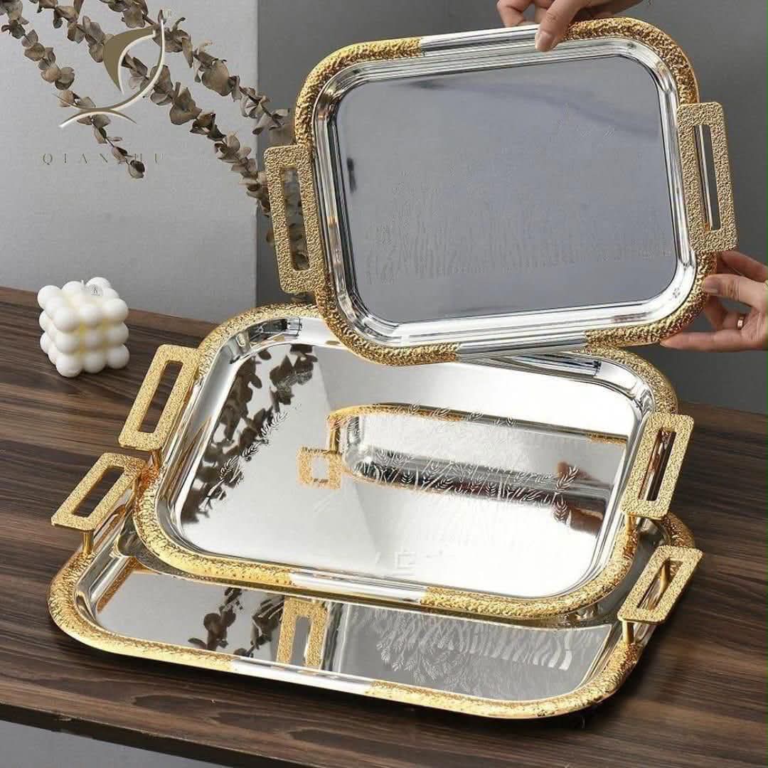Gemelli Colllection 3 piece luxury premium stainless steel serving tray set with gold coated handles food grade rectangular trays in 44x34cm 38x30cm and 31x25cm sizes for serving drinks snacks desserts meals entertaining hospitality and elegant home dining 