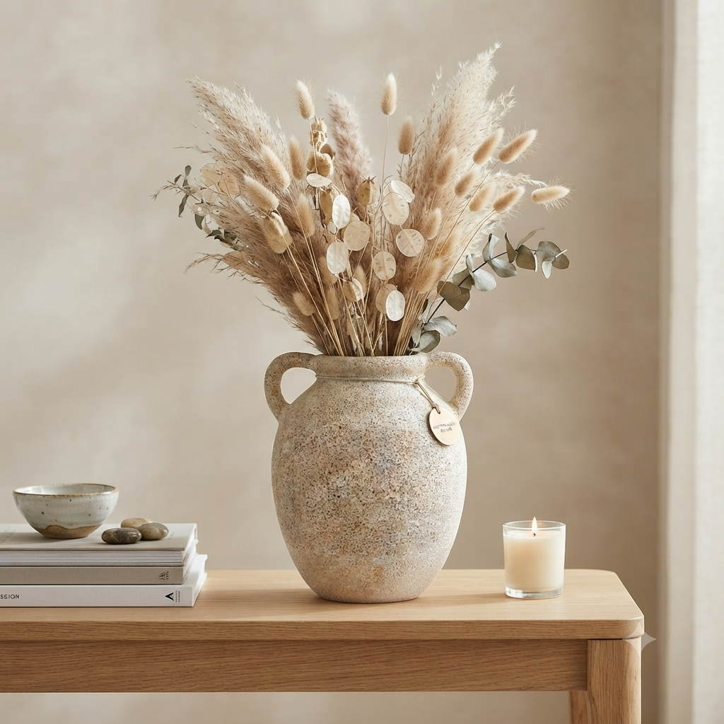 Dual ear handle ancient Greek vase style indoor ceramic pot decorative classical flower vase for dried flowers pampas grass shelf table and home décor.