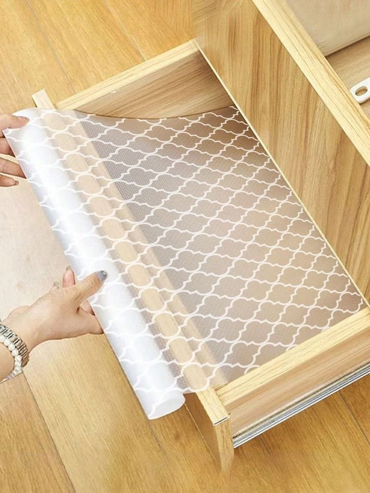 Translucent geometric anti-slip shelf liner mat measuring 45cm x 150cm, waterproof and washable for kitchen cabinets, refrigerator shelves, drawers, and storage areas
