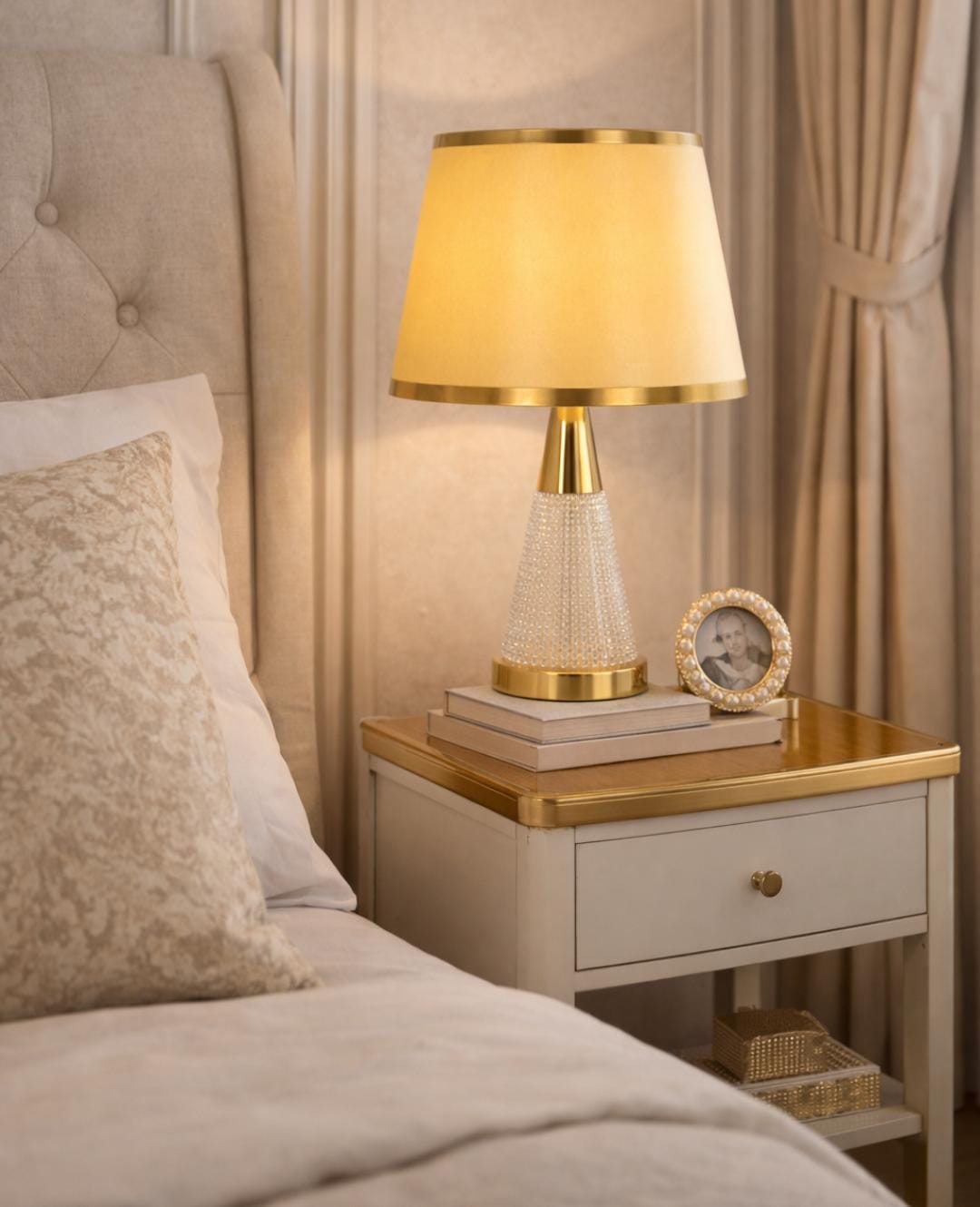Medium sized table lamp with a simplified design for ambient lighting and decorative use in living rooms bedrooms and bedside tables