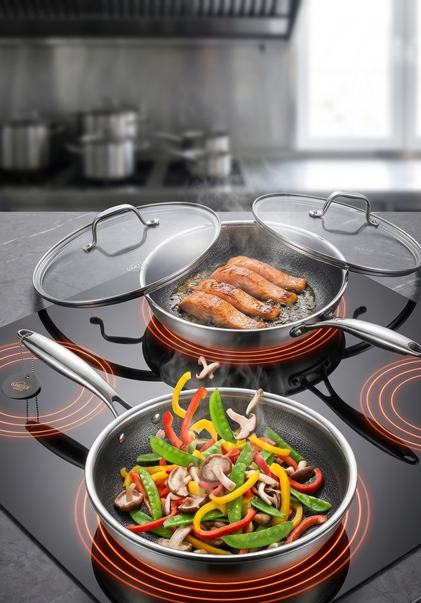 Stainless Steel Non-Stick Pan with Lid, Honeycomb Coating, Scratch and Water Resistant, Compatible with Induction and All Stoves, Ideal for Everyday Cooking