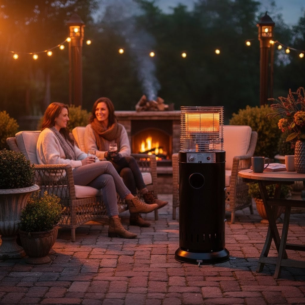 Metal mushroom-style outdoor gas patio heater for open spaces.