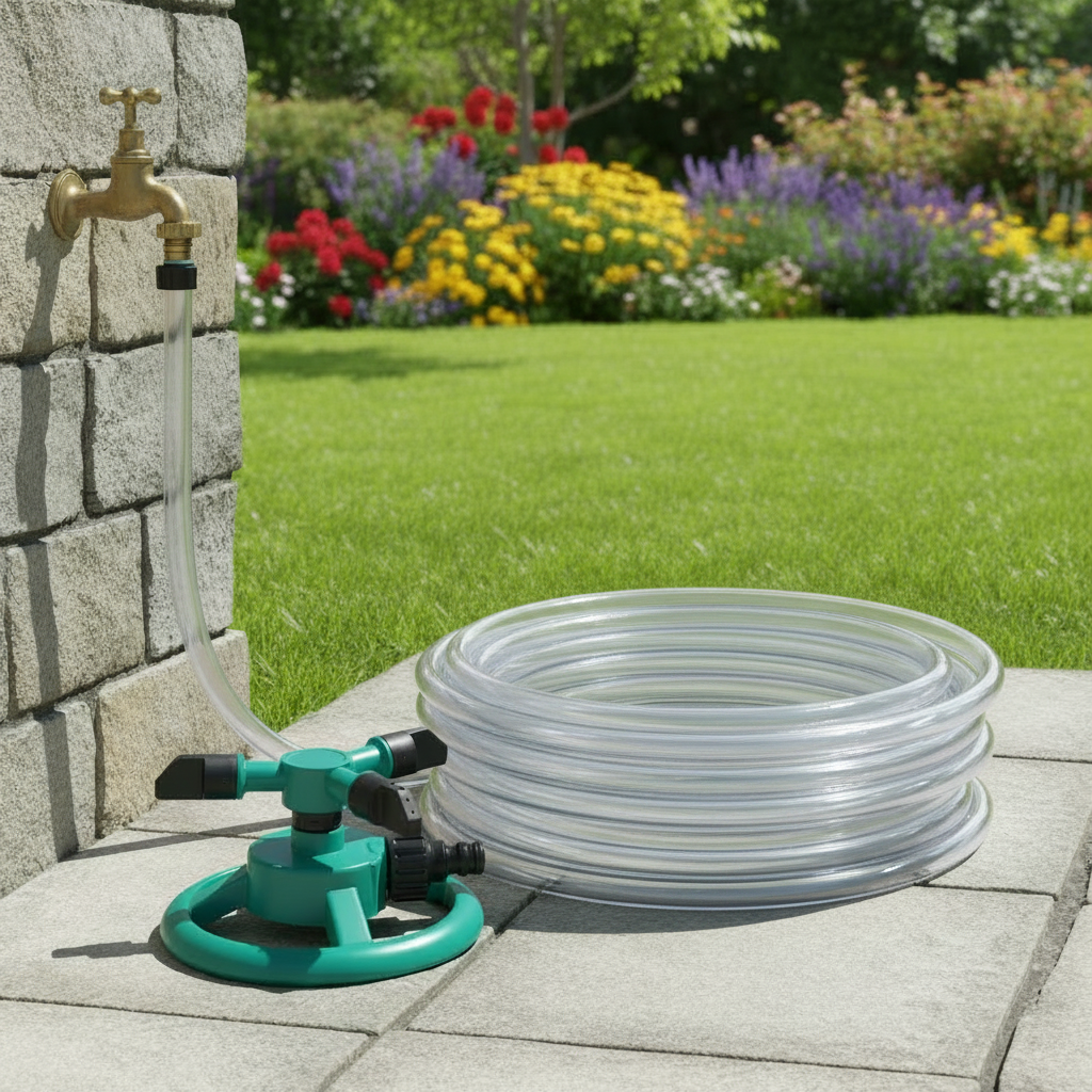 60ft transparent garden hose pipe with adjustable sprinkler nozzle connected for lawn watering and outdoor cleaning.