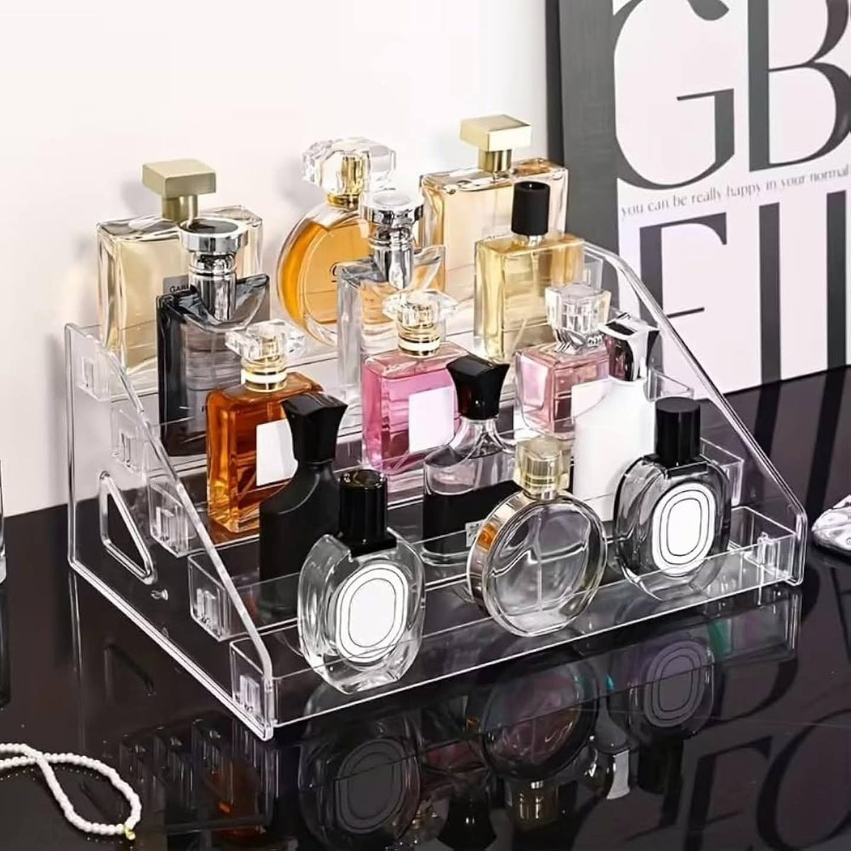 Gemelli Colllection 5 layer clear acrylic display stand transparent multi tier organiser stepped vanity storage rack perfume display stand skincare organiser makeup storage shelf acrylic countertop organiser for perfumes cosmetics essential oils nail polish and collectibles durable clear display stand for dresser and vanity use**
