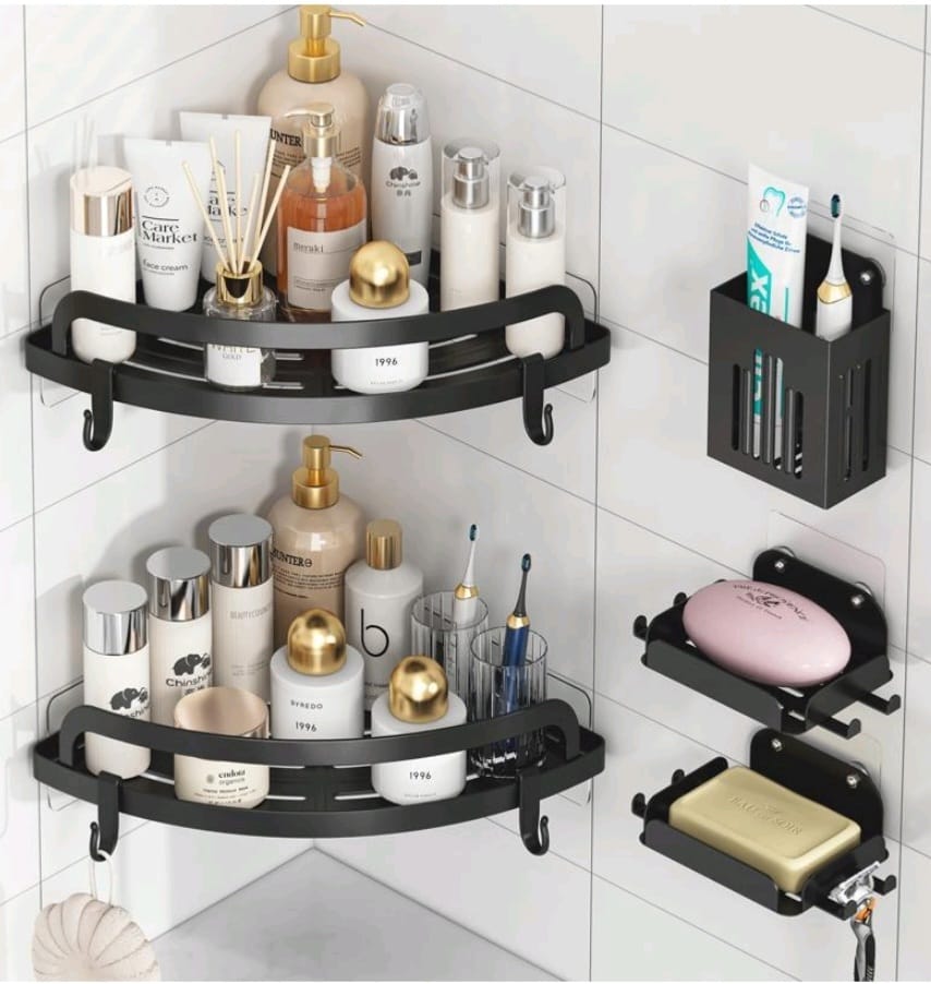Gemelli Collections 5 piece multipurpose corner shower caddy shelf wall organiser with strong adhesive rust resistant design and no drilling installation.