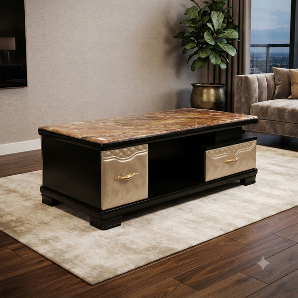 Rectangular brown marble patterned coffee table with black wooden body and two front drawers FCT1277