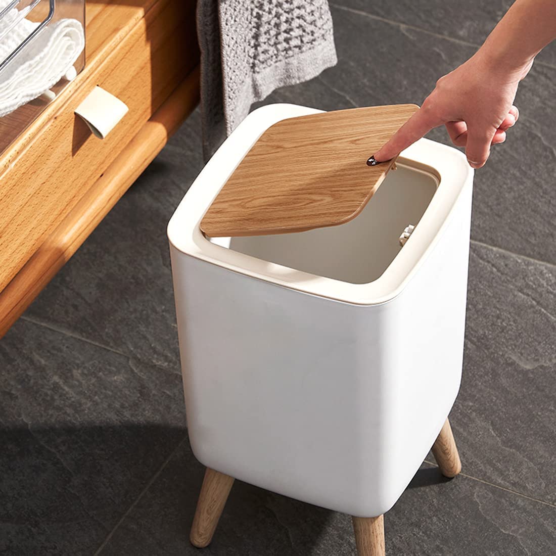 Rectangular trash bin with lid compact indoor waste basket for bathroom office living room bedroom and home organisation.
