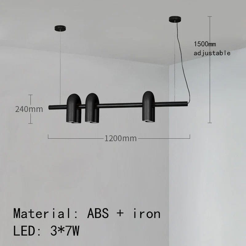 Minimalist black 120cm bar pendant light with 3 U-shaped loops each featuring twin LED downlights for focused modern interior lighting.