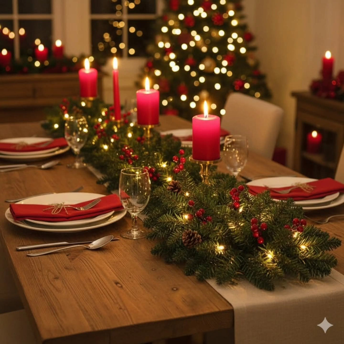 2.5M Green Christmas Garland with Pine, cones, berries and light