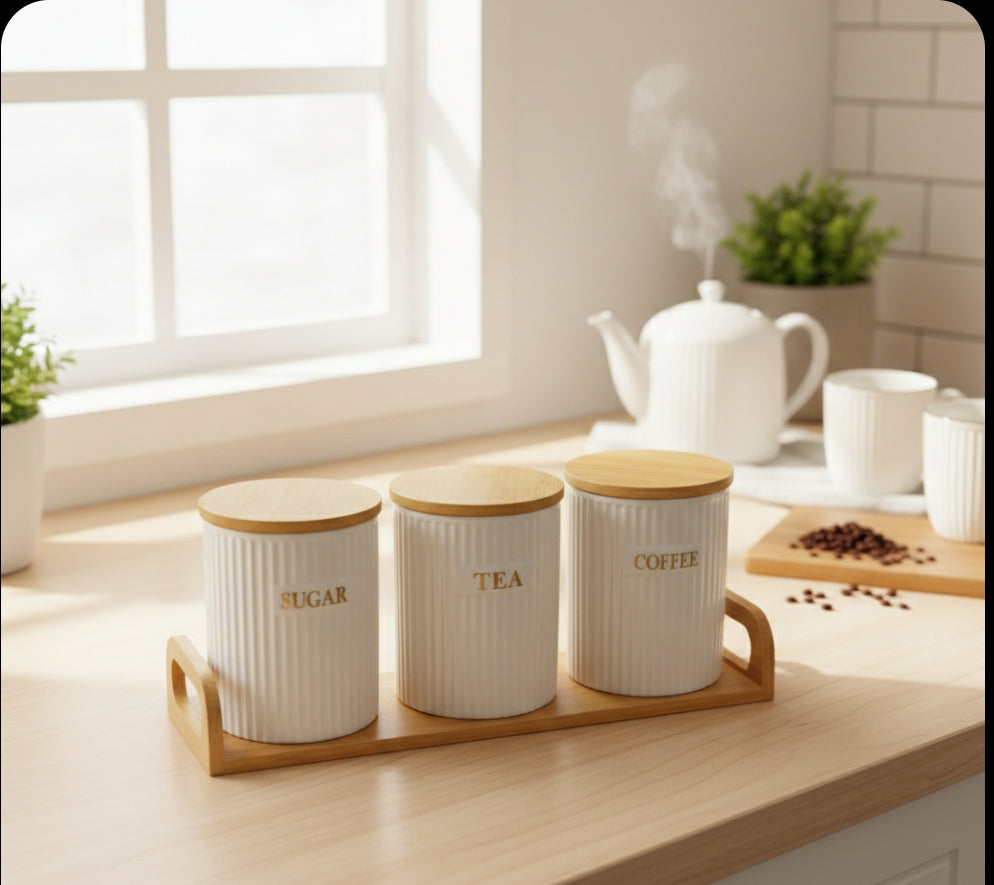3pc Ceramic Canisters With Bamboo Stand