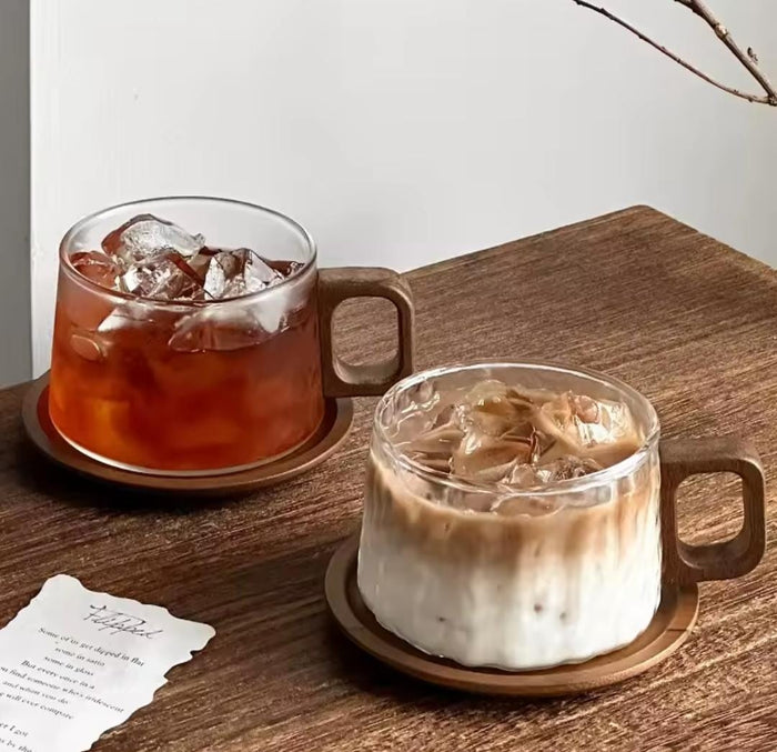 6 piece 240ml glass cup set with wooden handles and wooden coasters for tea coffee and beverages -Brand(Gemelli Collection)