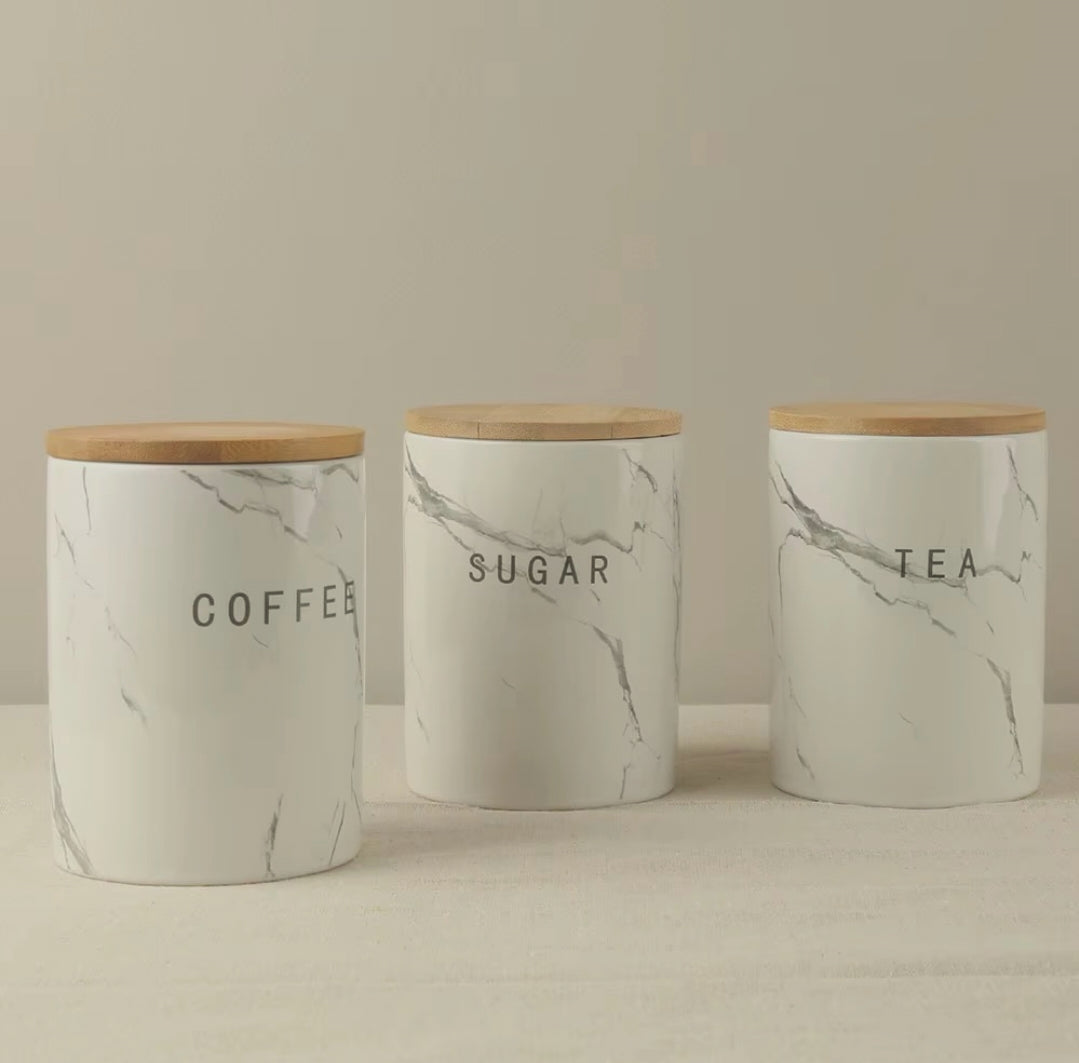 3-Piece Marble Ceramic Canister Set with Bamboo Lids
