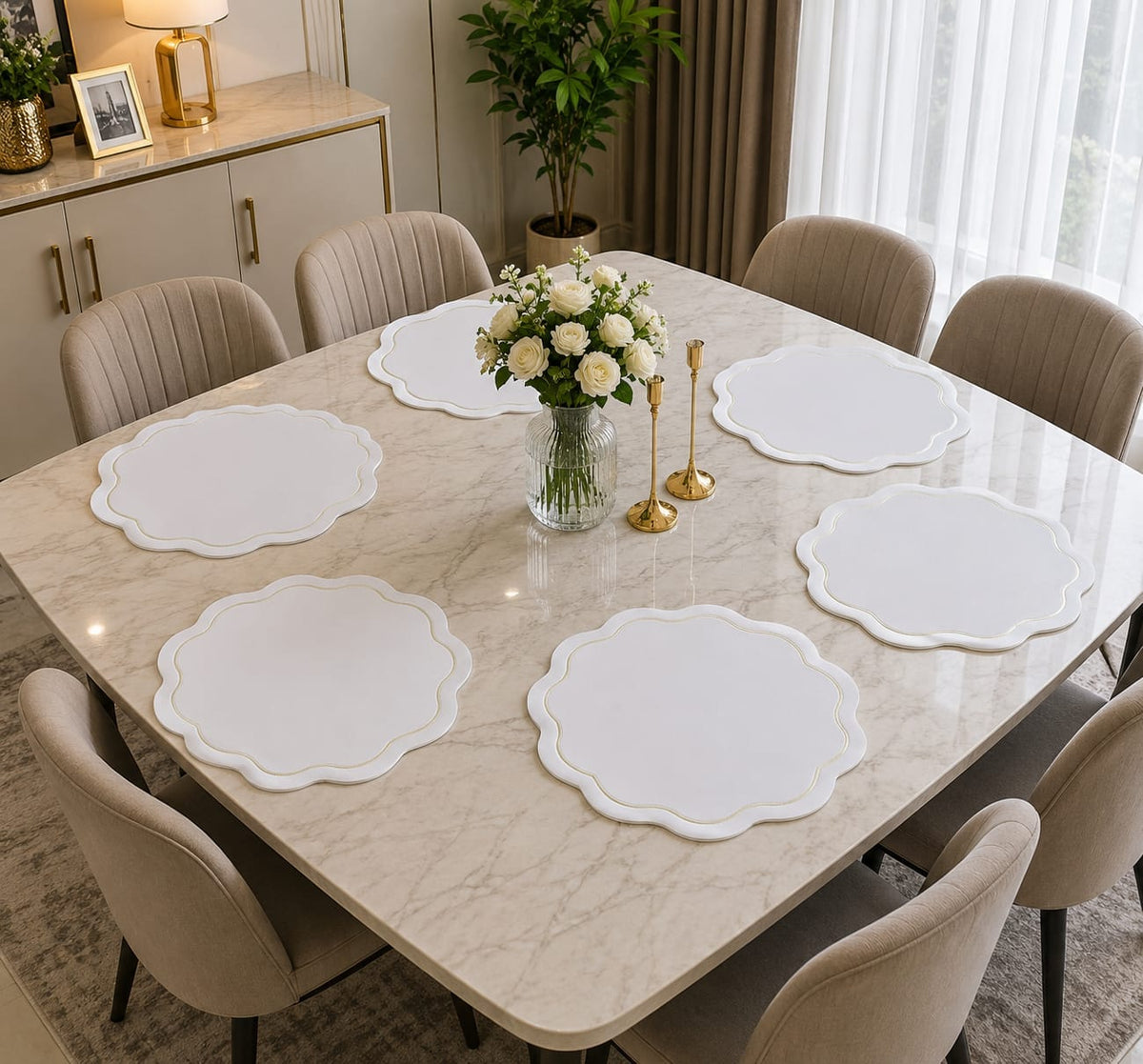 6-piece round faux leather PVC dining table mat set, 38cm each, with heat-insulating, waterproof, non-slip, and easy-clean surface