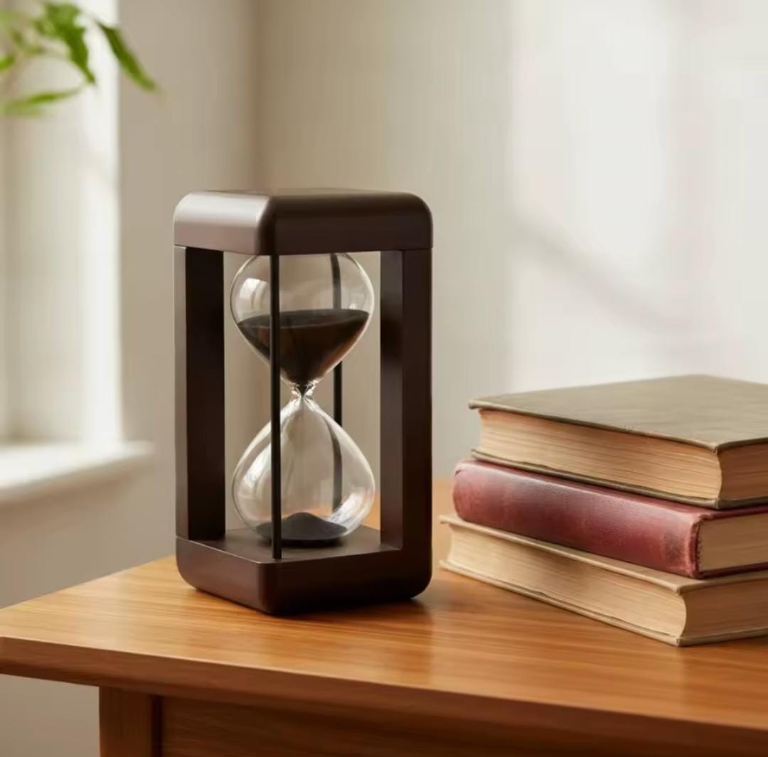 1-hour metal hourglass sand timer with sand flowing between two glass chambers for visual one-hour time tracking