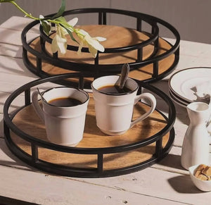 42cm Acacia wood tray with steel side handles for kitchen countertop storage, serving, living room organisation, dining areas, and decorative arrangements
