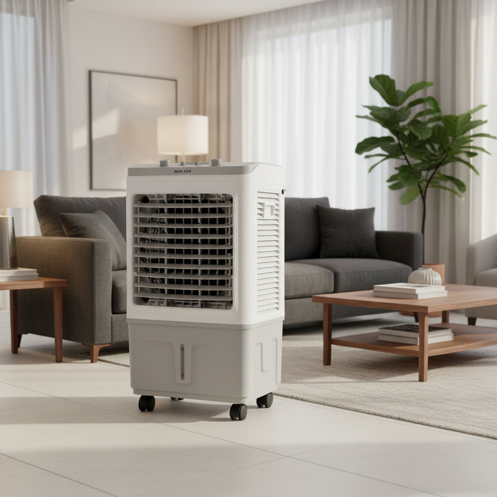 Gemelli Collections AUX 30 litre portable evaporative air cooler with wheels, adjustable louvers, water tank, and energy-efficient cooling system in white.