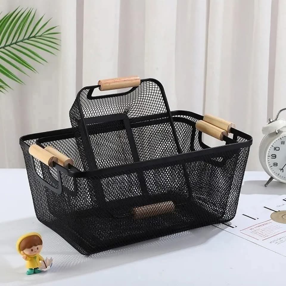 3Pc Mesh Plastic Storage Basket Set With Bamboo Handles