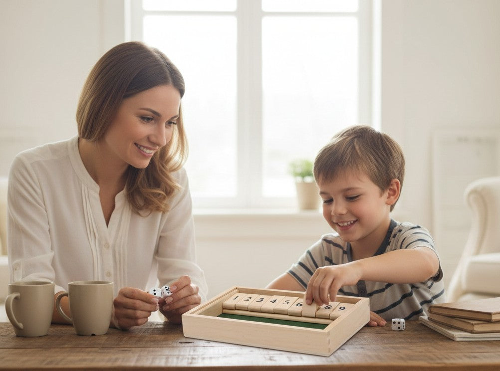 Wooden shut the box board game for kids and family learning and fun.