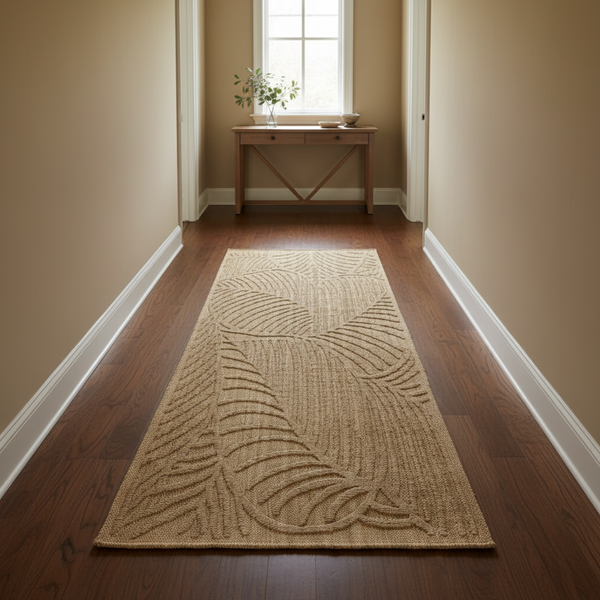 Timeless Woven Art Deco Leaf Corridor Runner Rug - Beige Raised Arch Pattern KBLOOM04 #T08