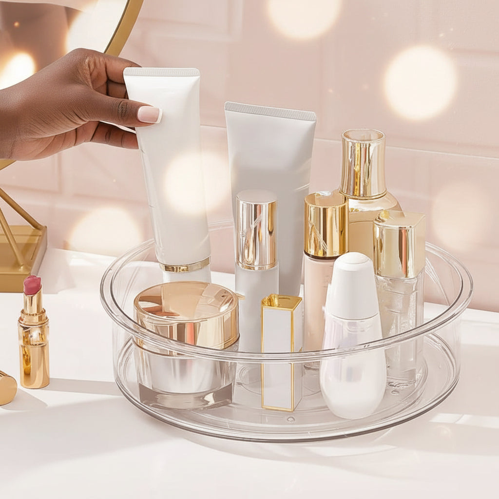 Clear acrylic multipurpose rotating organizer turntable for kitchen and cosmetics.