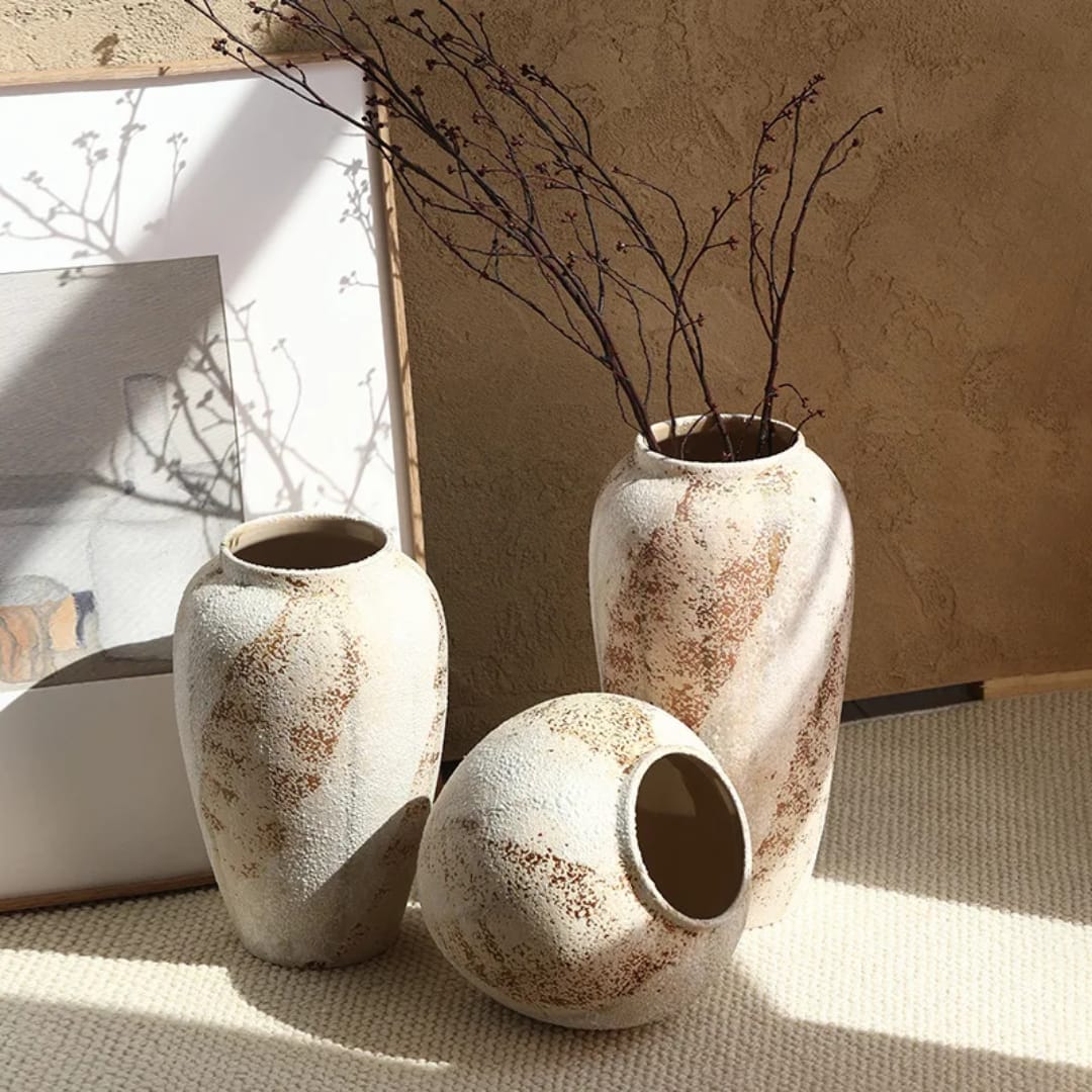 ceramic retro flower vase with pottery style design available in large medium and small sizes for living room and home décor styling