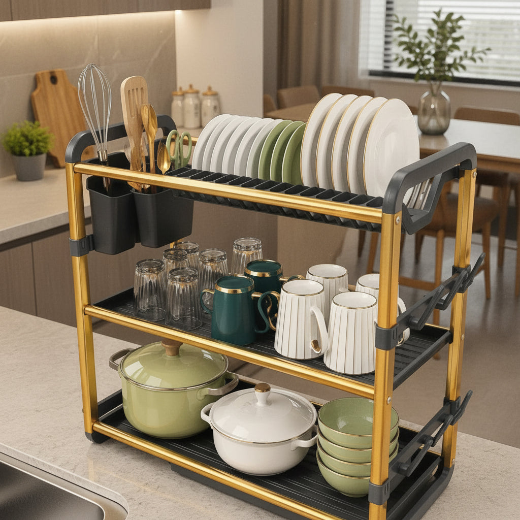 3-tier aluminium dish drainer with hard plastic components rust-resistant kitchen drying rack for plates bowls cups and utensils available in silver and gold 60.9x57.2x26.7cm