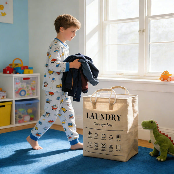 Collapsible large laundry hamper basket with leather handles and a washable fabric design for organising clothes and household items.