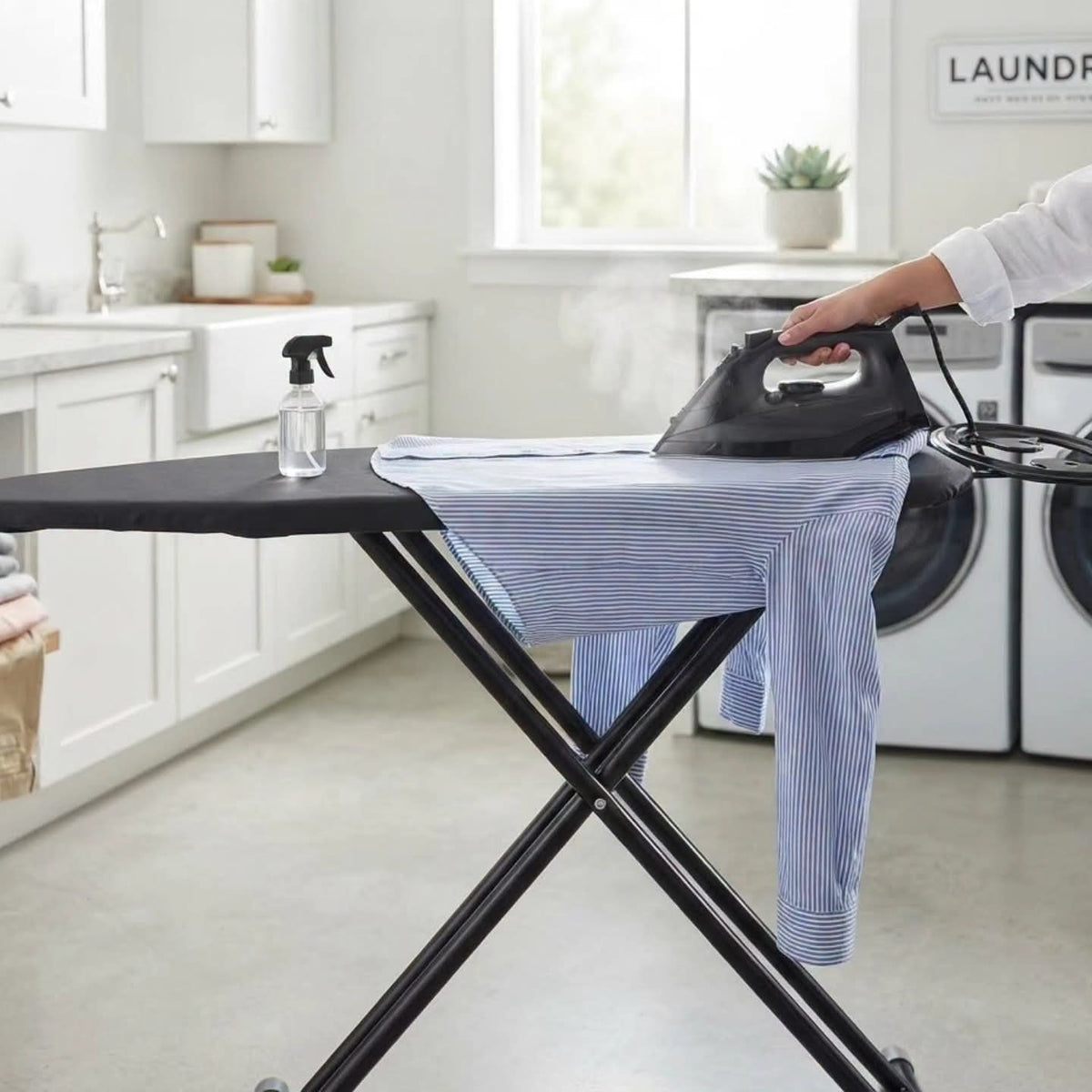 Gemelli Collections premium black ironing board with heavy duty rust resistant frame anti scorch cotton cover and floor protecting tips 90 x 30 cm.