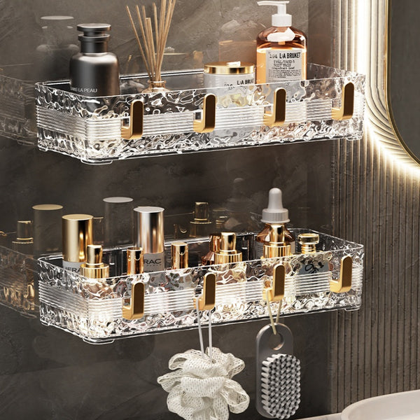Acrylic Wave Patterned Storage Shelf with Gold Hooks – Wall Mounted Organizer for Toiletries, Accessories, Keys, and Home Storage