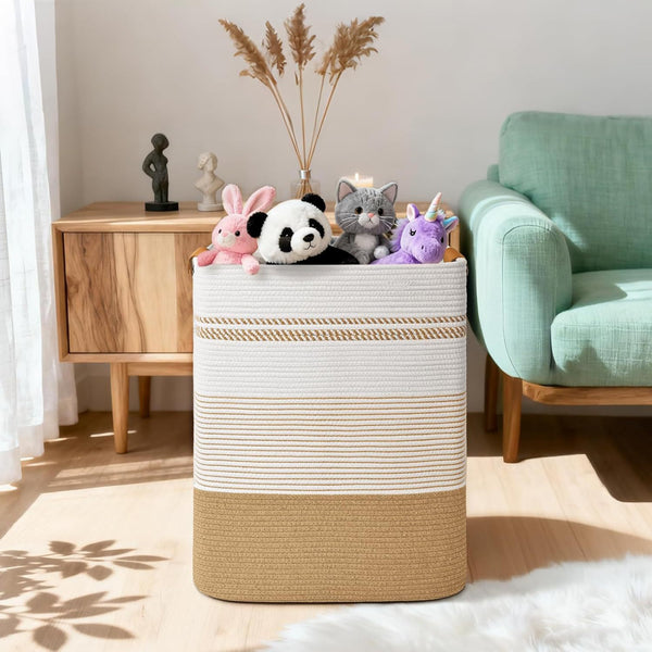 Cotton Rope Woven Laundry Hamper with Leather Handles