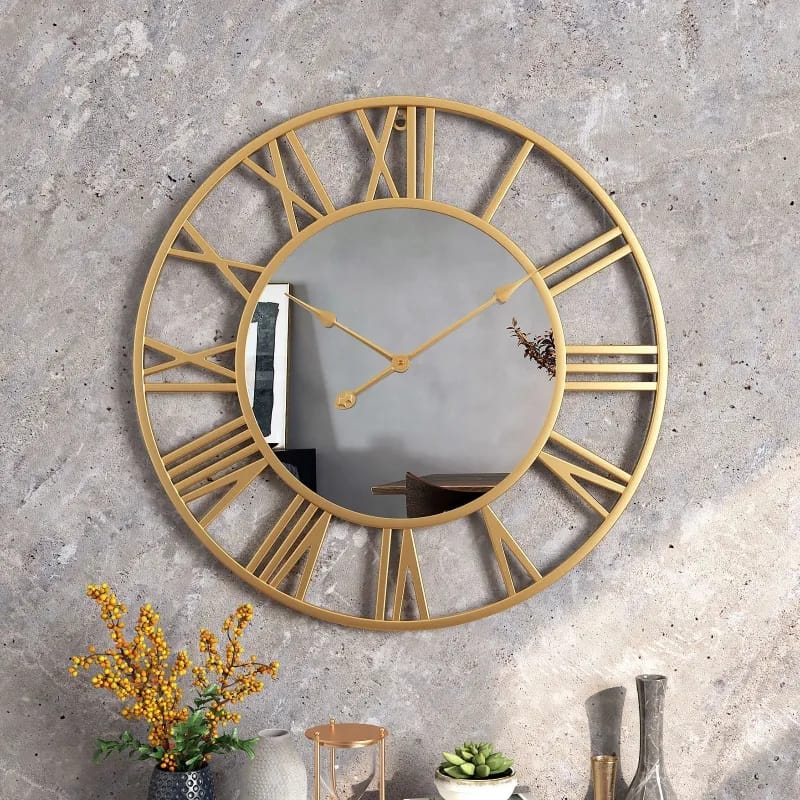 50cm gold round metal wall clock with mirror detailing, Roman numerals and European style wrought iron design