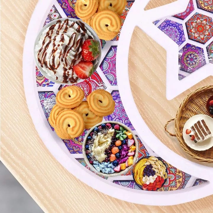 Ramadan Moon & Star Wooden Serving Tray Décor 30*28*15cm