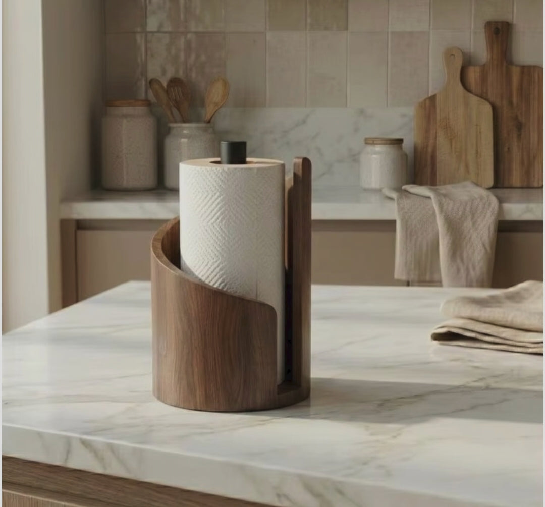 wooden countertop kitchen tissue holder in light brown, dark brown, and black for organised storage and easy access to tissues and paper towels