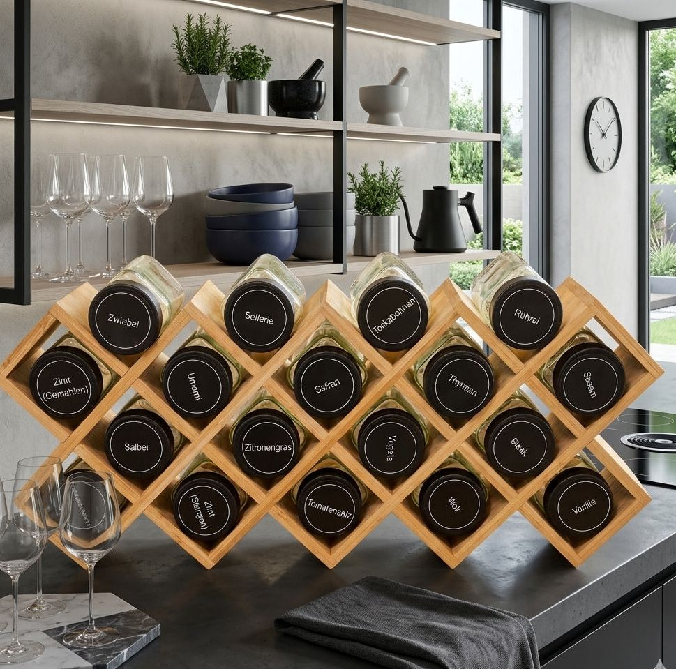 Gemelli Collection wooden spice rack with 18 glass jars used for organised kitchen spice storage with labelled containers