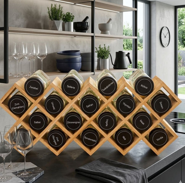 Gemelli Collection wooden spice rack with 18 glass jars used for organised kitchen spice storage with labelled containers