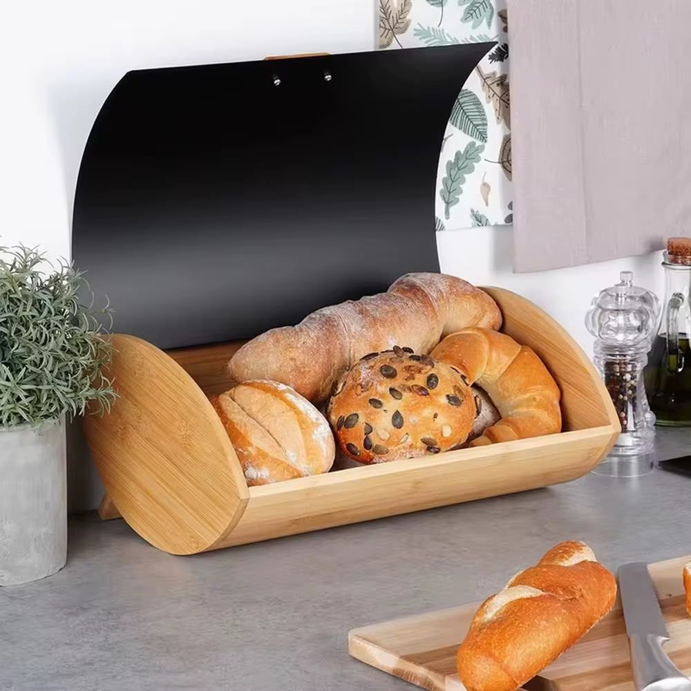 Bamboo bread bin with metallic cover measuring 35 x 25 x 15.5cm for storing bread, buns, and pastries while keeping kitchen countertops organised, available in white and black