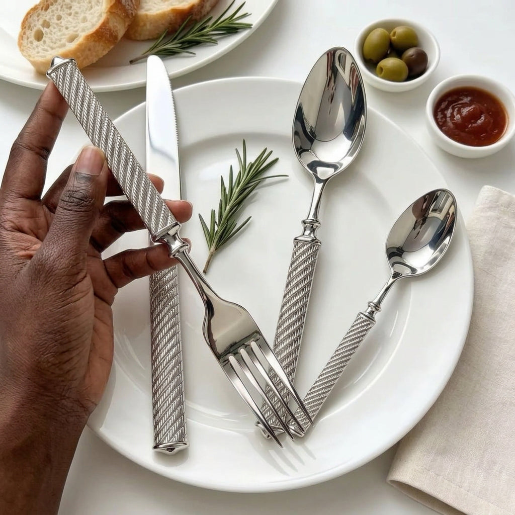 24-Piece Engraved Stainless Steel Cutlery Set in Silver