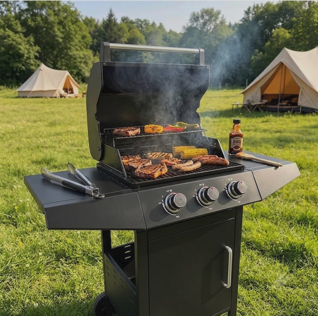 Outdoor Gas Grill Set – Multi Burner BBQ Grill with Trolley and Safety Protection for Backyard Barbecues, Camping, Picnics, and Outdoor Cooking