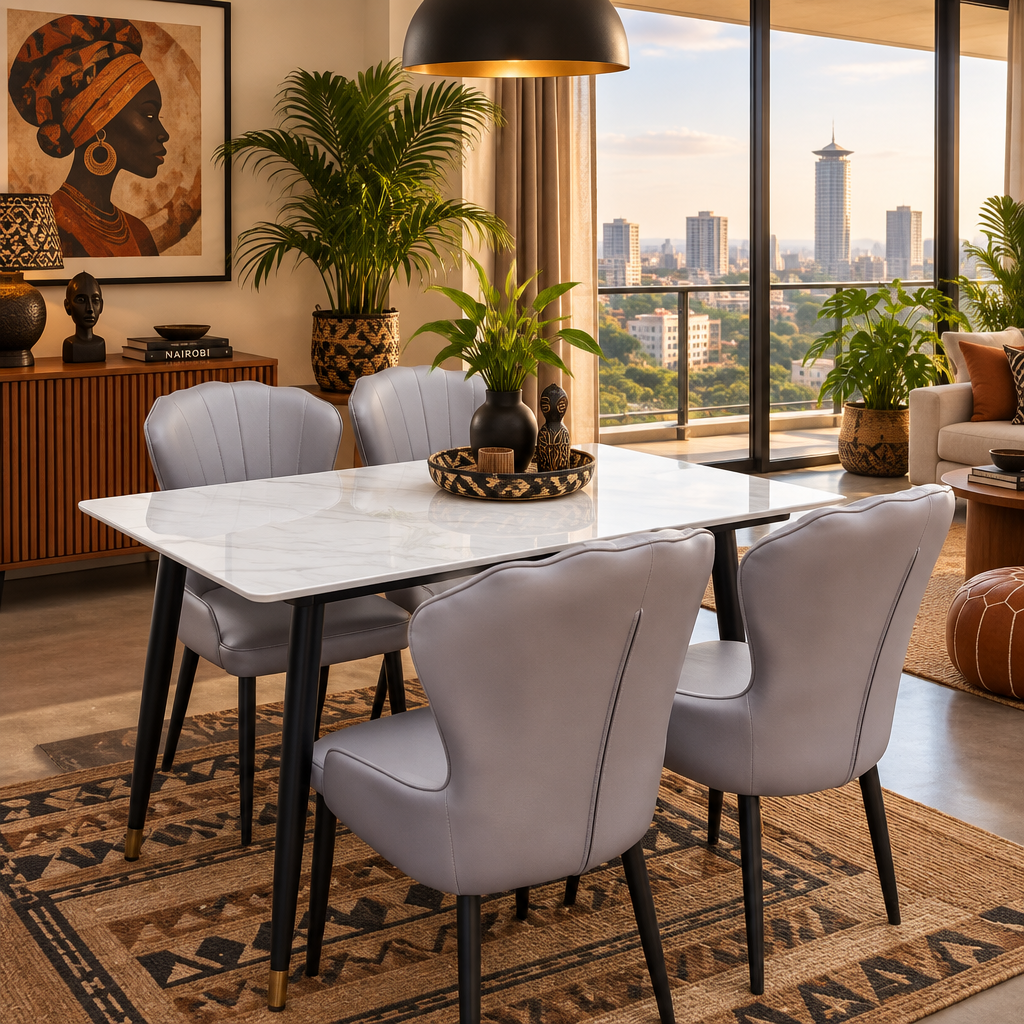 White Marble 4-Seater Dining Set, Sintered Stone Table with Grey Button-Tufted Rattan Chairs -Gemelli Collection