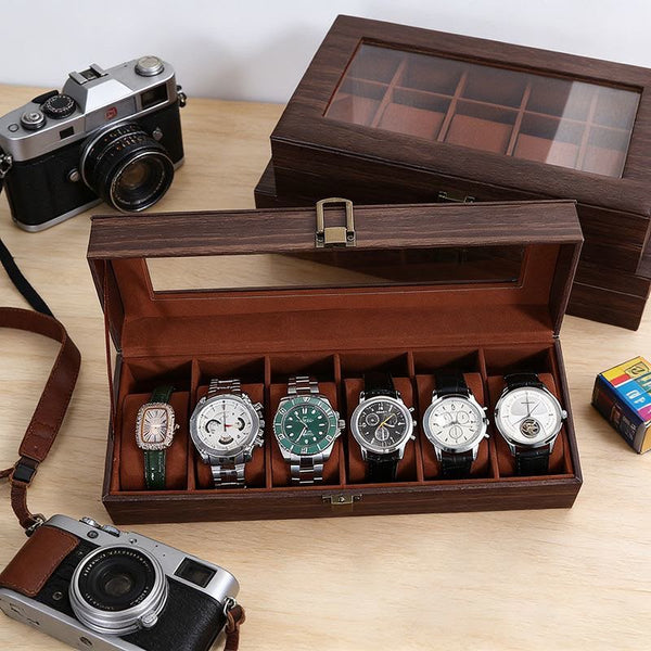 Gemelli Collection – 6 slot watch organiser with dedicated compartments for neatly storing, protecting and displaying watches on dressing tables, wardrobes, shelves or inside drawers.