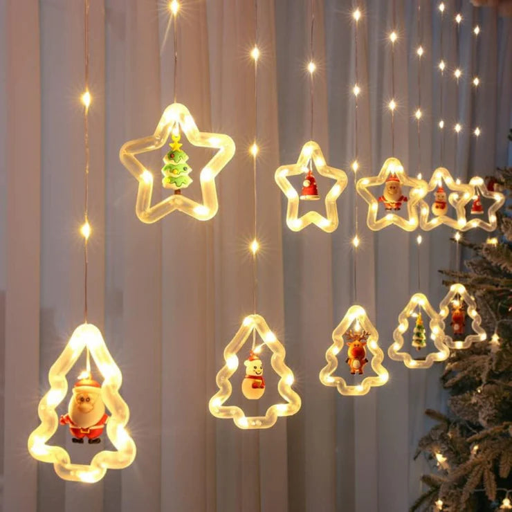 Christmas LED Lights with Santa, Snowman, Reindeer & Christmas Tree – 10 Pendants