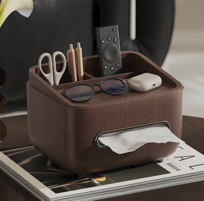 Gemelli Collections multifunctional wood grain tissue holder with built in storage for tissues wipes remotes and small everyday essentials.
