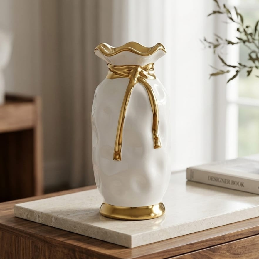 Ceramic Vase with Gold Ribbon and Rim Detailing