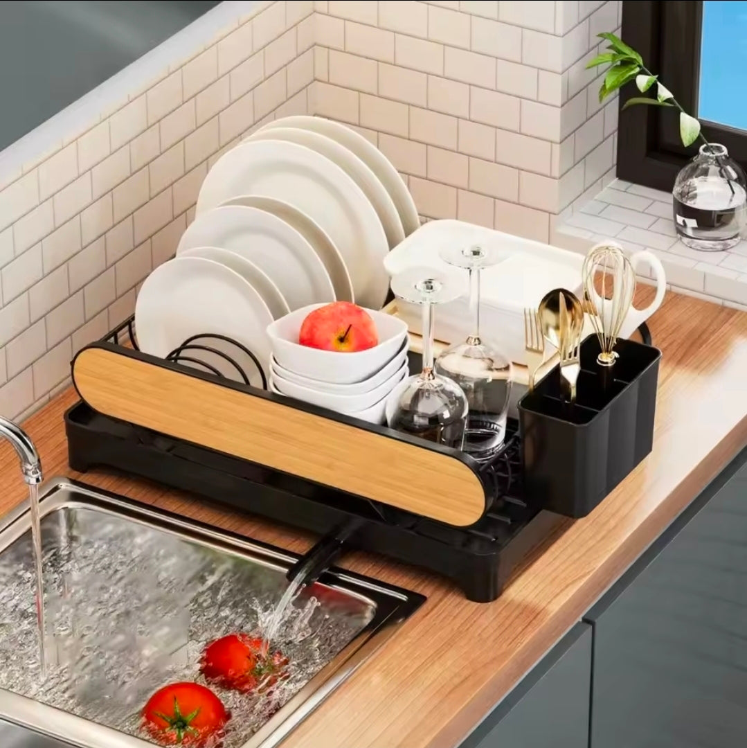 Gemelli Collections black and wood grain countertop dish drying rack with plate, bowl, cup, utensil and wine glass storage and drainage tray.