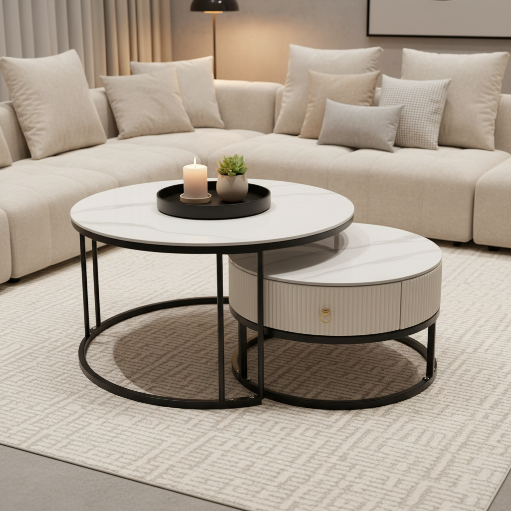 Gemelli Collections 2-piece marble top nesting coffee table set with white marble surface, black metal round frame, fluted storage drawer, and gold ring handle for modern living room décor.
