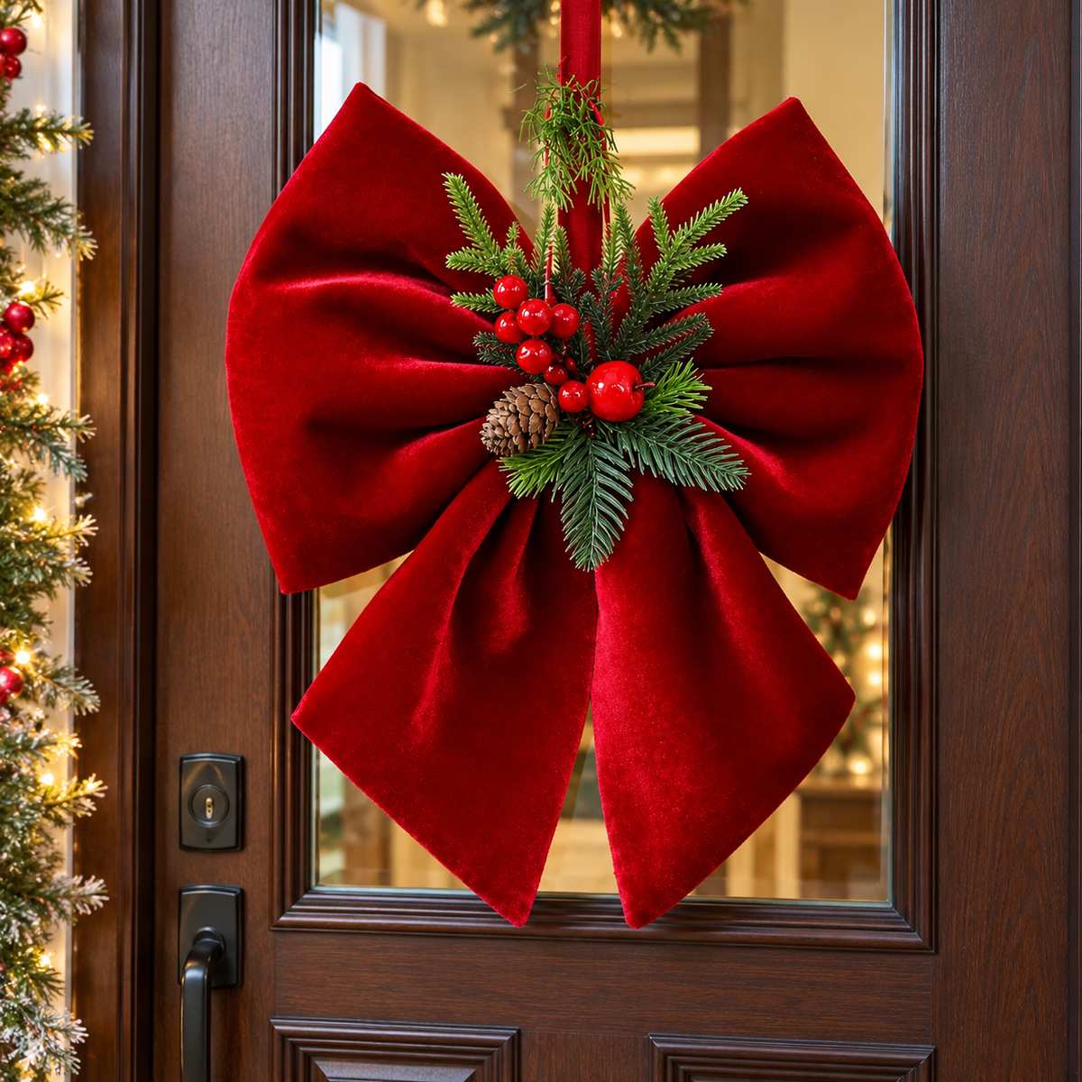 Wine Red Velvet Christmas Tree Bow Ornament with Pine Needle Accent
