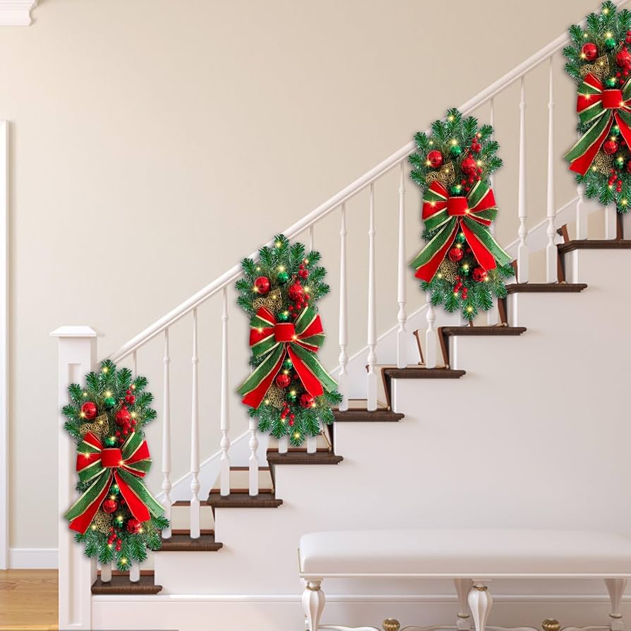 Christmas Staircase Swag Wreath with LED Lights and Ornaments