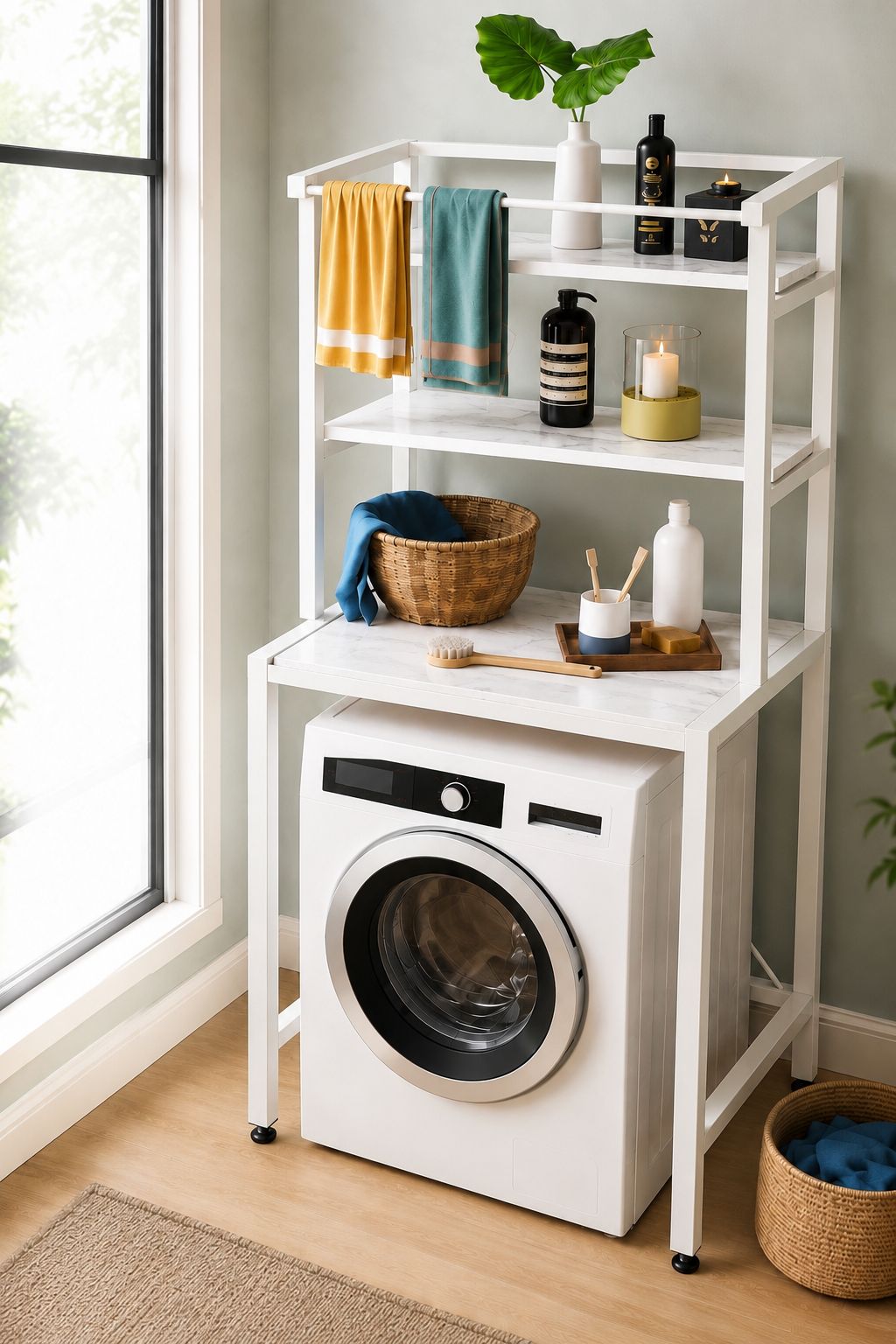 3-Tier Washing Machine Rack with Carbon Steel Frame and Marble Finish MDF Shelves